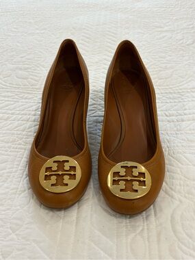 Tory Burch Sally Brown Leather Logo Ballet Wedges with Gold Emblem